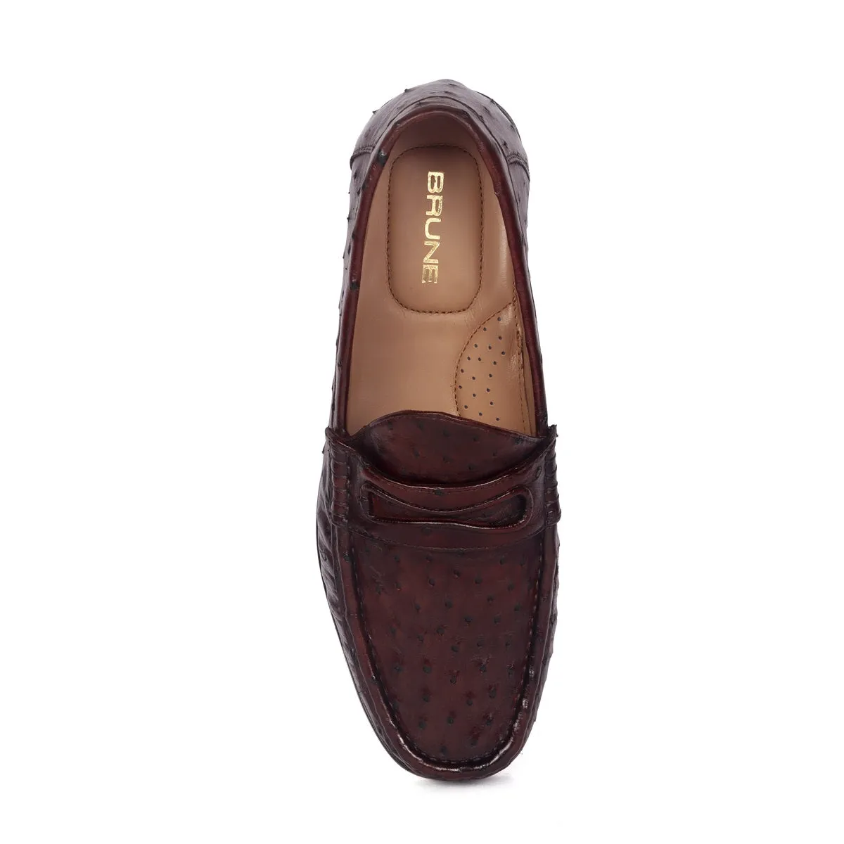 Stitched Pattern Dark Brown Loafer in Real Ostrich Leather