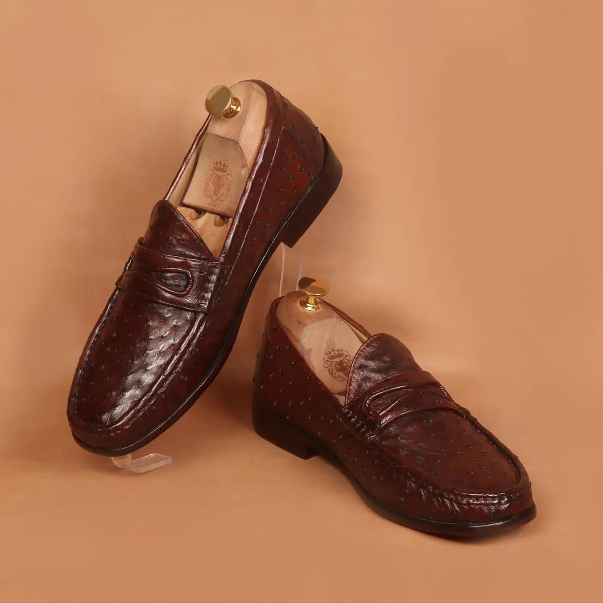 Stitched Pattern Dark Brown Loafer in Real Ostrich Leather