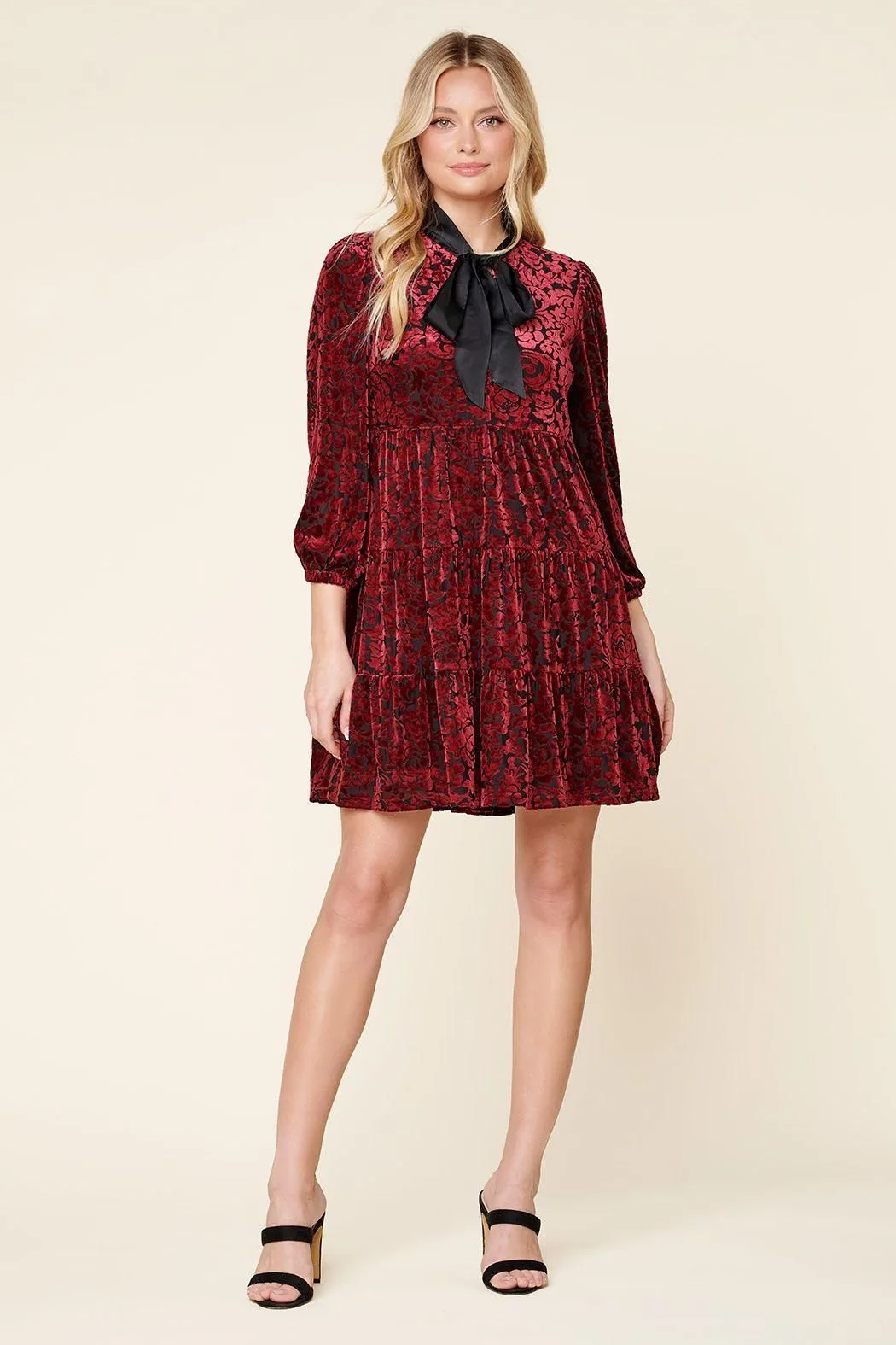 Sweet as a Rose Tie Neck Velvet Tiered Dress