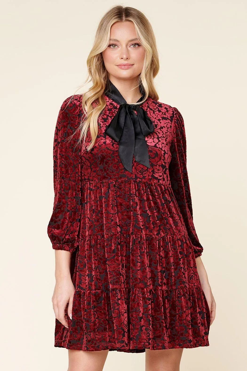 Sweet as a Rose Tie Neck Velvet Tiered Dress