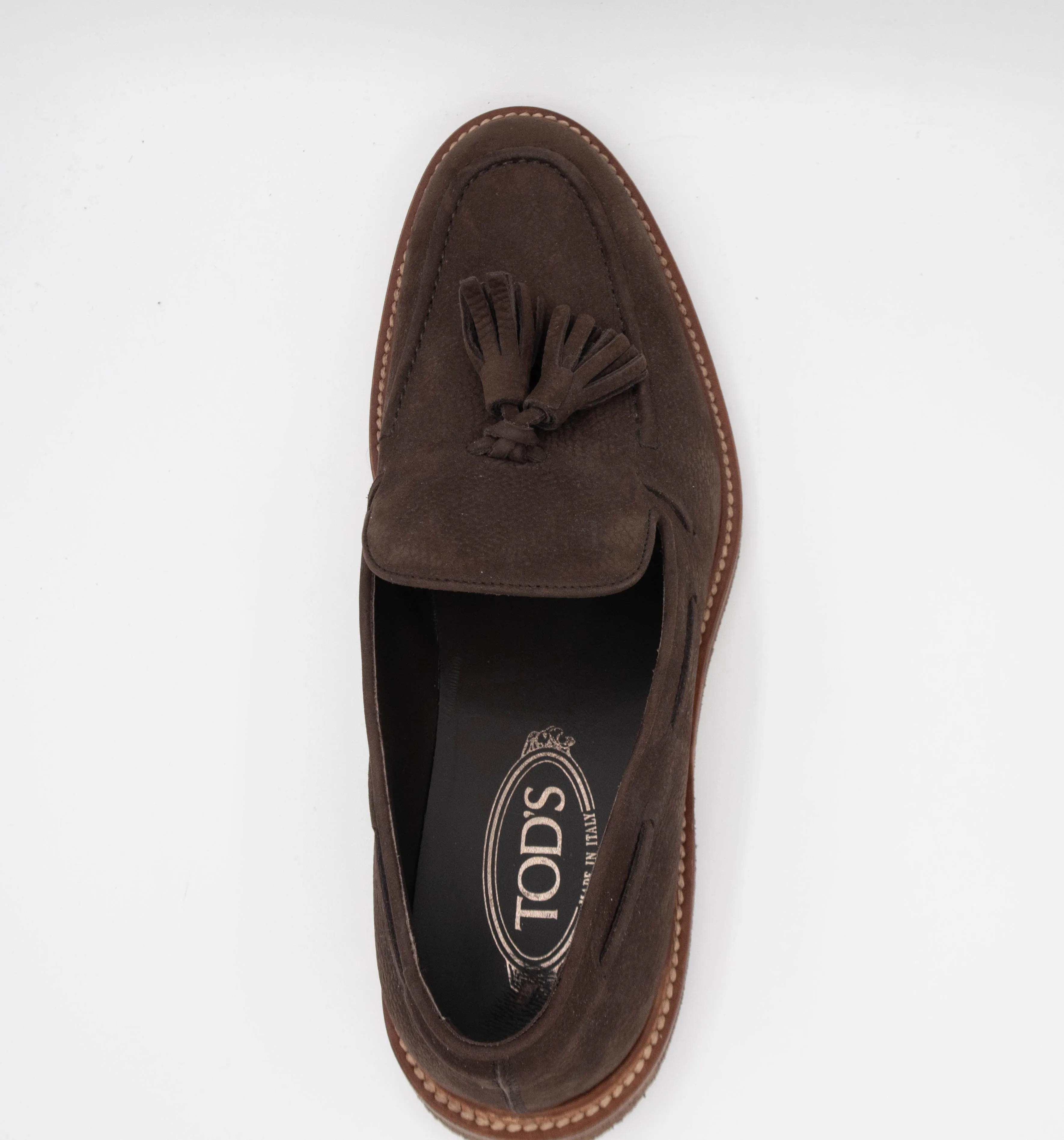 Tods Mens Pebbled Leather Tassled Loafers in Dark Brown