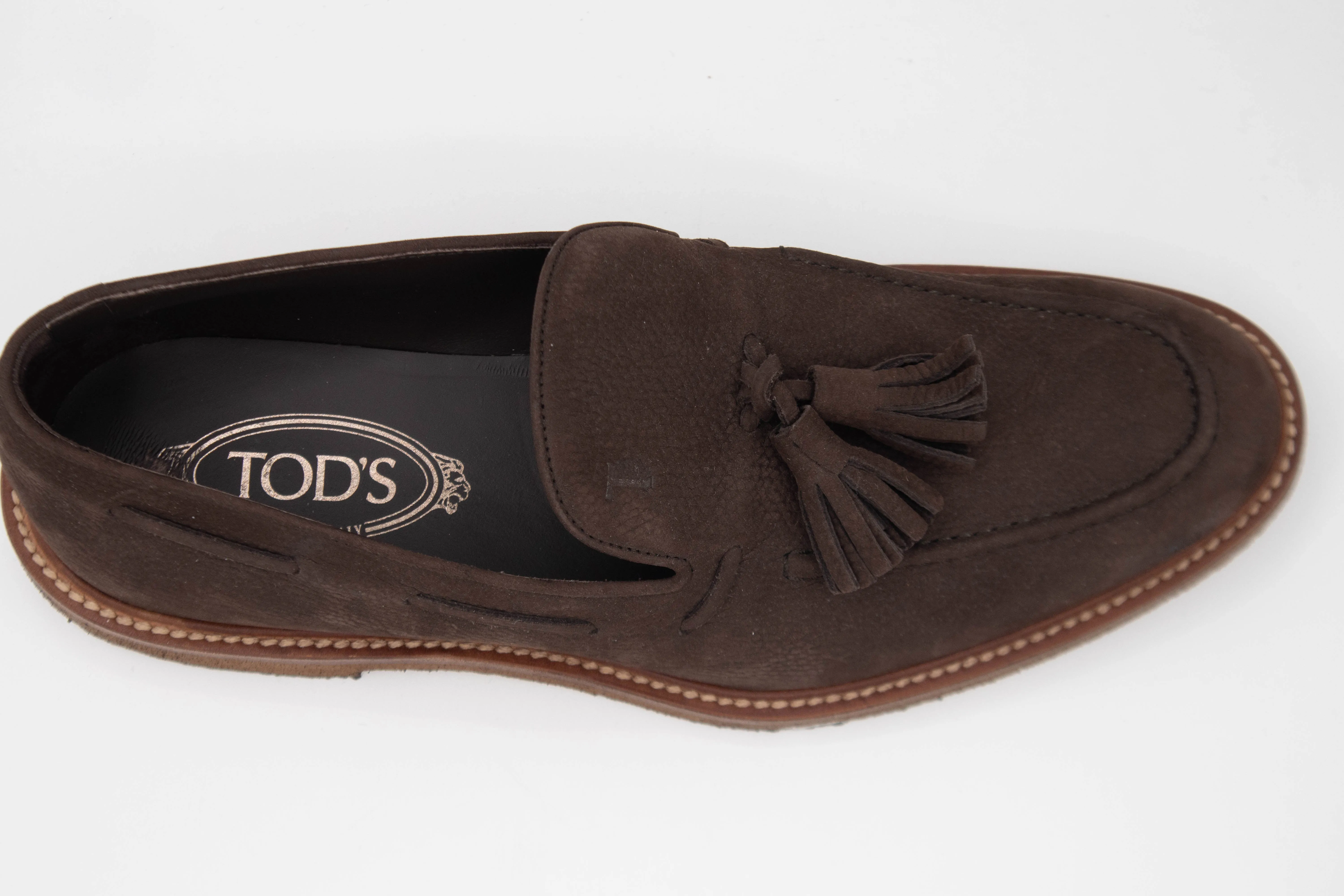 Tods Mens Pebbled Leather Tassled Loafers in Dark Brown