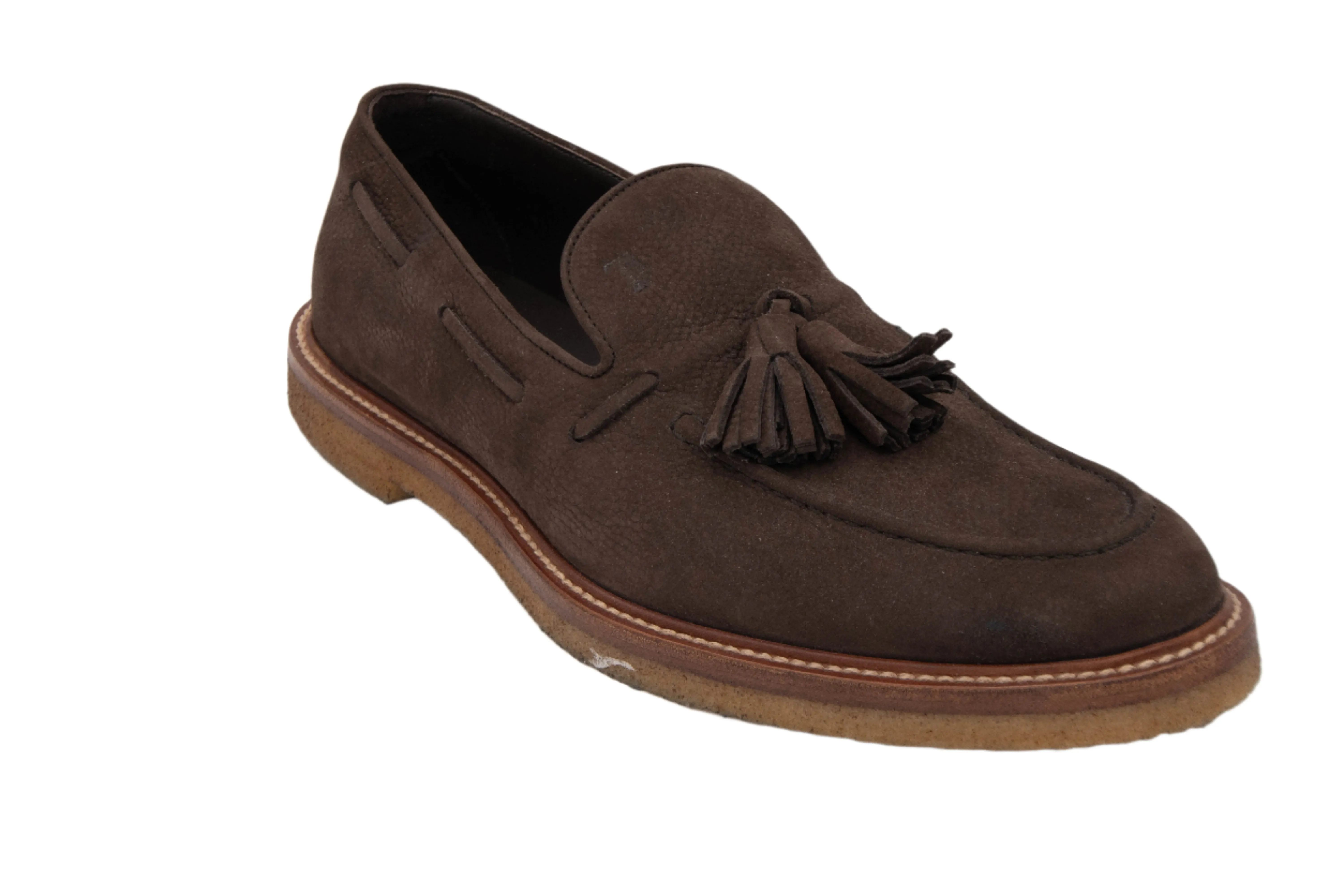 Tods Mens Pebbled Leather Tassled Loafers in Dark Brown