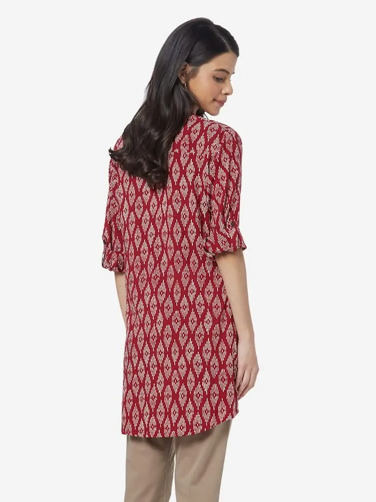 Utsa Red Ikat Printed A-line Kurti