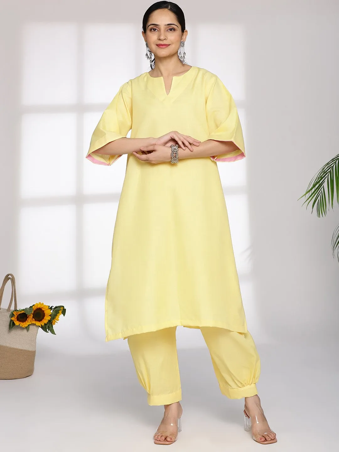 Yellow CottonSlub LongKurta & AfghaniSalwar