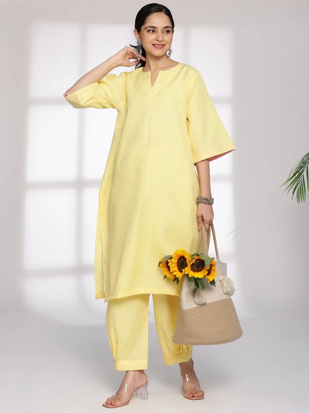 Yellow CottonSlub LongKurta & AfghaniSalwar